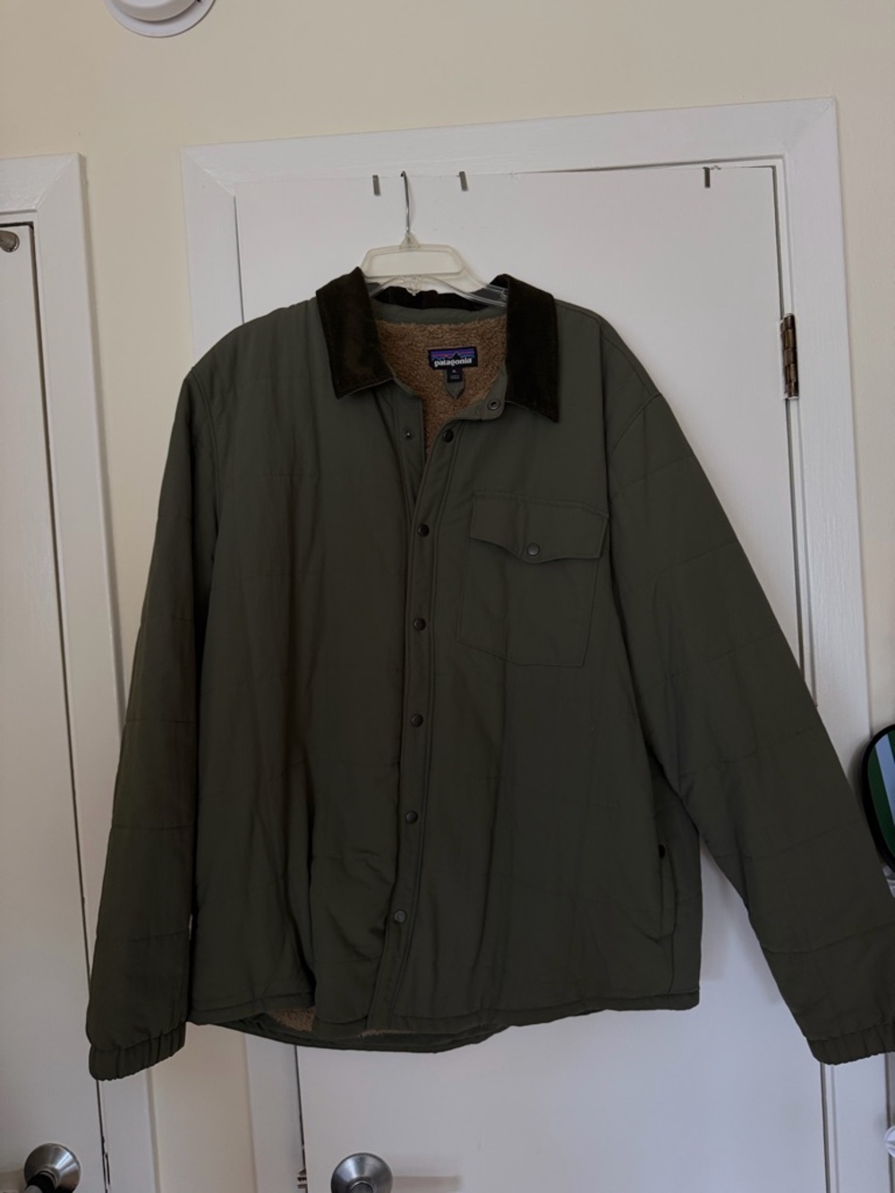 Patagonia Olive Green Quilted Field Jacket with Brown Corduroy Collar